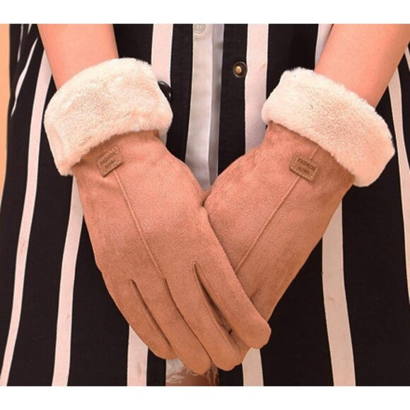 Women's Khaki Winter Warm Touch Screen Thick Mittens Lady Outdoor Gloves - Picture 5 of 6